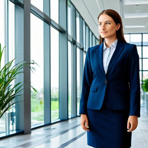 Home 4 **
"A professional businesswoman in a modest business suit, standing in a bright, modern office lobby with glass walls and potted plants, fully clothed, appropriate attire, safe for work, perfect anatomy, natural proportions, professional photography, high quality."
**