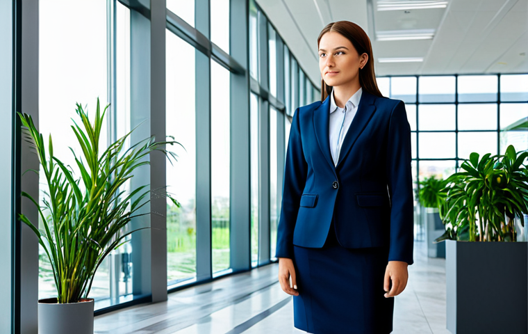 **

"A professional businesswoman in a modest business suit, standing in a bright, modern office lobby with glass walls and potted plants, fully clothed, appropriate attire, safe for work, perfect anatomy, natural proportions, professional photography, high quality."

**