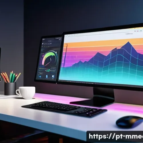 멀티미디어 제작에서 사용하는 모션그래픽 기술 - A vibrant digital marketing workspace featuring a modern designer’s desk with dual monitors displayi...