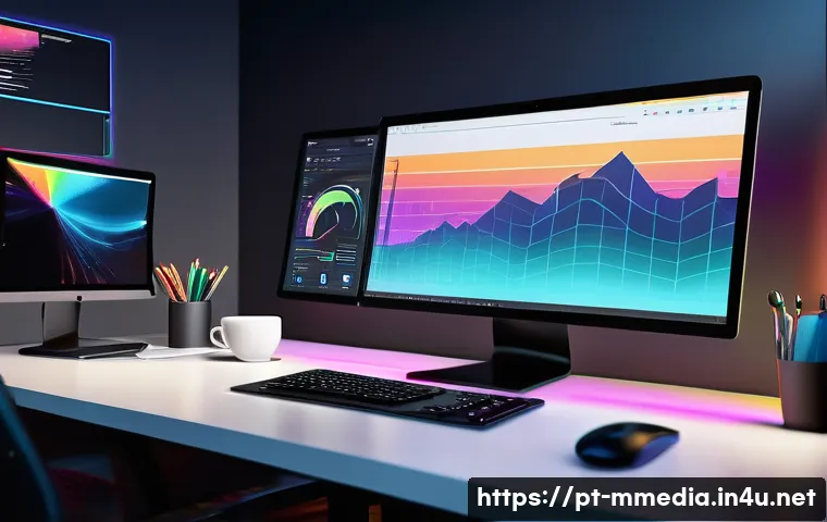 멀티미디어 제작에서 사용하는 모션그래픽 기술 - A vibrant digital marketing workspace featuring a modern designer’s desk with dual monitors displayi...