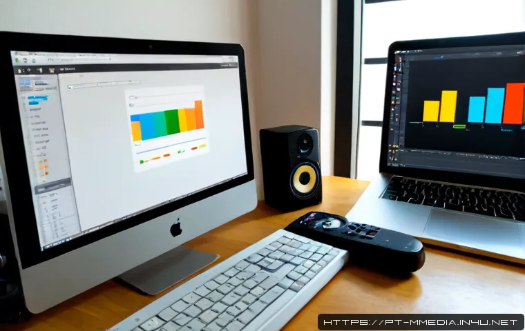 Home 17 멀티미디어 제작 소프트웨어 비교 - Photorealistic top-down workspace comparison scene for multimedia production software, a Portuguese-...